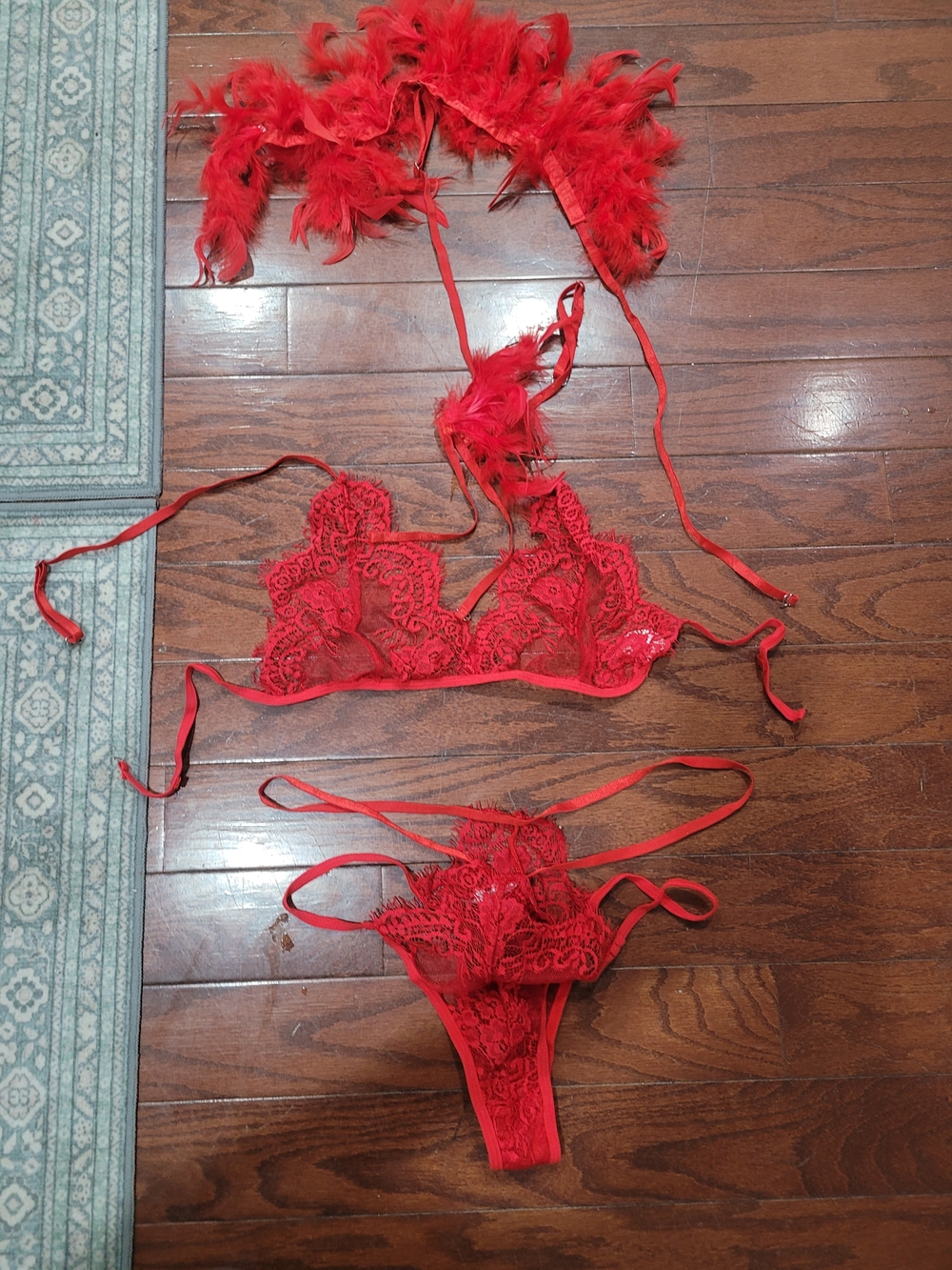 Red Lace Strappy Bralette & Thong Set with Feather Accent